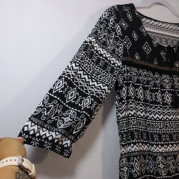 Cato Black & White Aztec Black Embroidered Fringe Stripe Long Sleeve Blouse M - Picture 5 of 7